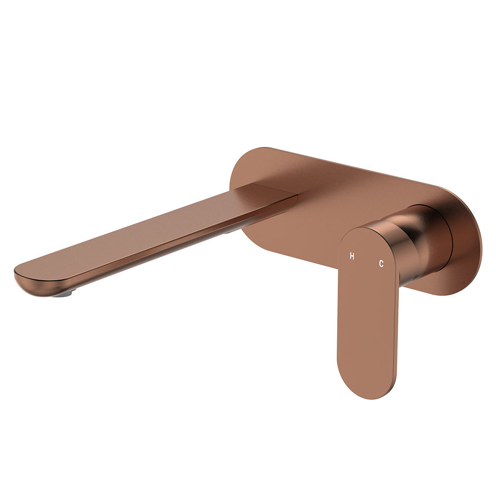 Empire Slim Basin/Bath Wall Mixer Set, Oval Plate, 200mm Outlet, Brushed Copper
