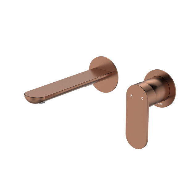 Empire Slim Basin/Bath Wall Mixer Set, Round Plates, 160mm Outlet, Brushed Copper