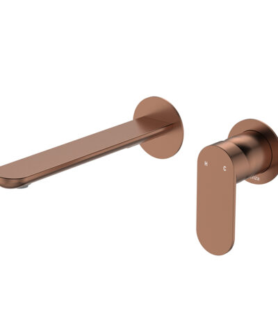 Empire Slim Basin/Bath Wall Mixer Set, Round Plates, 200mm Outlet, Brushed Copper