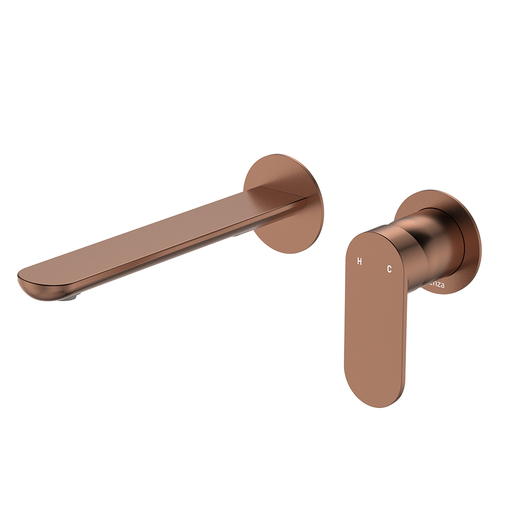 Empire Slim Basin/Bath Wall Mixer Set, Round Plates, 200mm Outlet, Brushed Copper