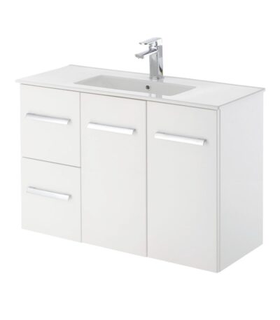 FIENZA 90D DELGADO SLIM WALL HUNG VANITY 900 LEFT/RIGHT HAND DRAWERS GLOSS WHITE - Urban Designs Bathroom and Kitchen
