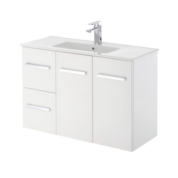 FIENZA 90D DELGADO SLIM WALL HUNG VANITY 900 LEFT/RIGHT HAND DRAWERS GLOSS WHITE - Urban Designs Bathroom and Kitchen