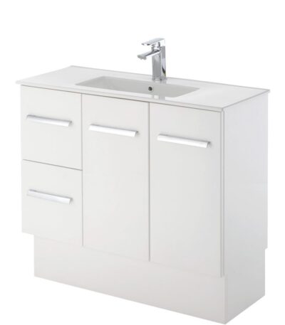 FIENZA 90DK DELGADO SLIM VANITY ON KICKBOARD 900 LEFT/RIGHT HAND DRAWERS GLOSS WHITE - Urban Designs Bathroom and Kitchen