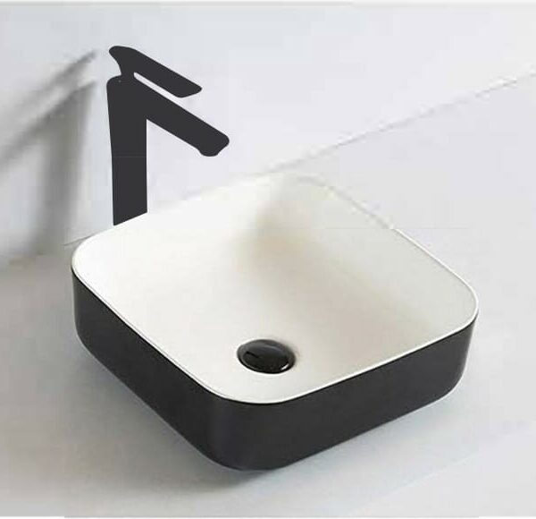 Gloss White & Matte Black Square Basin | 385 x 385 x 135mm | 6134-WB