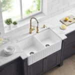 Greenwich Fireclay Farmhouse Sink - Double Bowl - Fluted - Gloss White - 838x457x255mm | FCS828-D-GW