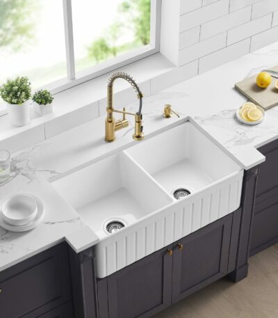 Greenwich Fireclay Farmhouse Sink - Double Bowl - Fluted - Gloss White - 838x457x255mm | FCS828-D-GW