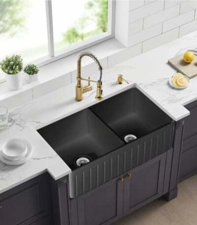 Greenwich Fireclay Farmhouse Sink - Double Bowl - Fluted - Matt Black - 828x457x255mm | FCS828-D-MB