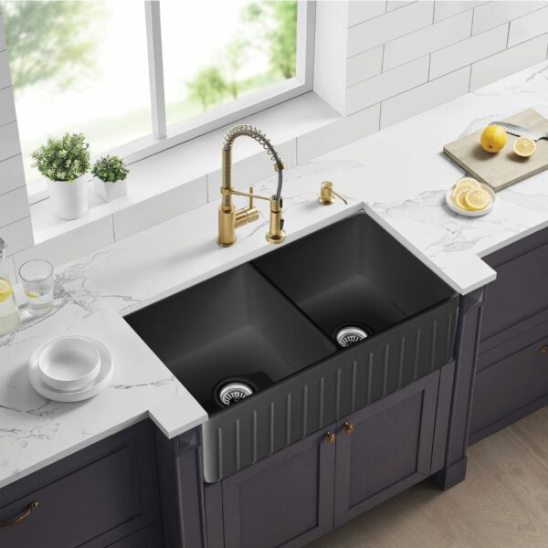 Greenwich Fireclay Farmhouse Sink - Double Bowl - Fluted - Matt Black - 828x457x255mm | FCS828-D-MB