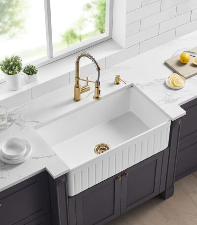 Greenwich Fireclay Farmhouse Sink - Single Bowl - Fluted - Gloss White - 828x450x252mm | FCS828GW