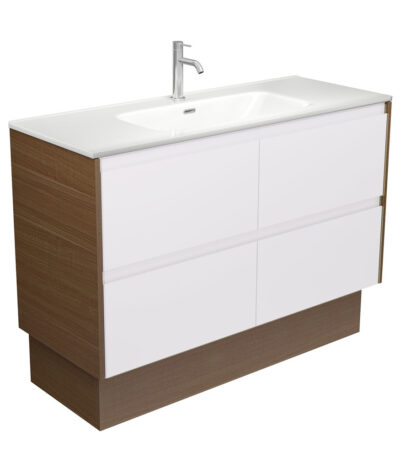 Joli Amato 1200 Satin White Vanity on Kick, Walnut Panels