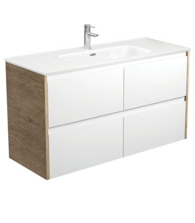 Joli Amato 1200 Satin White Wall-Hung Vanity, Scandi Oak Panels