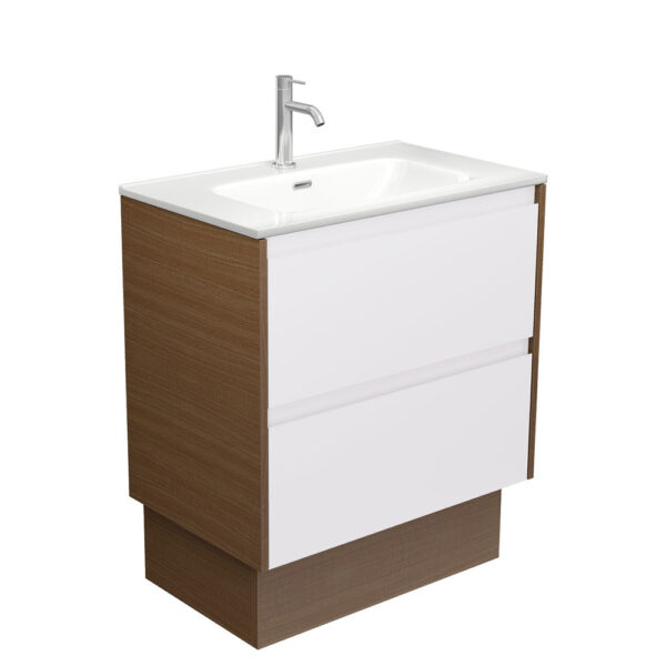 Joli Amato 750 Satin White Vanity on Kick, Walnut Panels