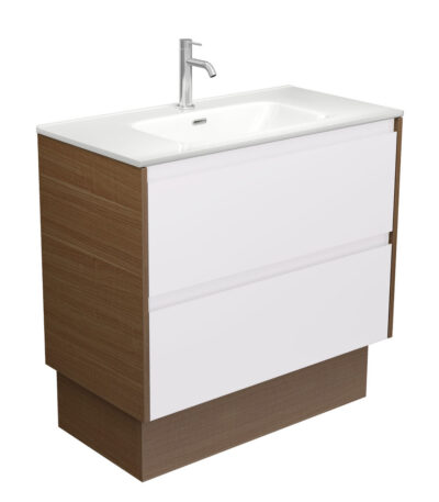 Joli Amato 900 Satin White Vanity on Kick, Walnut Panels