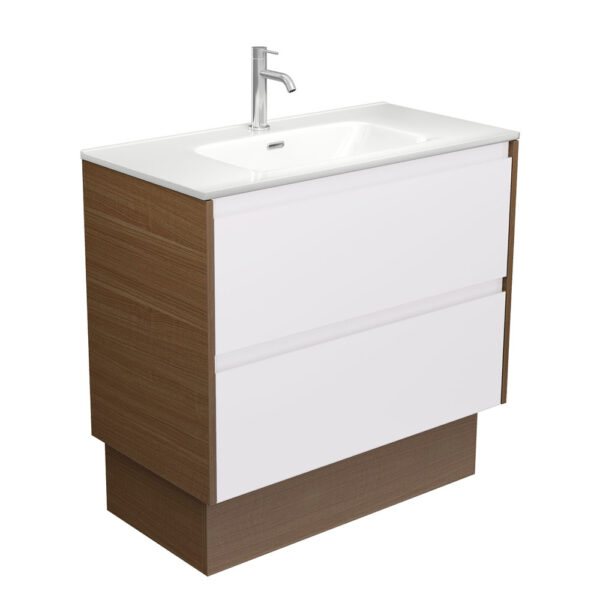 Joli Amato 900 Satin White Vanity on Kick, Walnut Panels