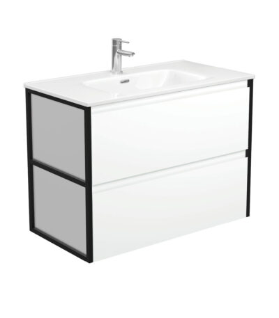 Joli Amato 900 Satin White Wall-Hung Vanity, Matte Black Frames