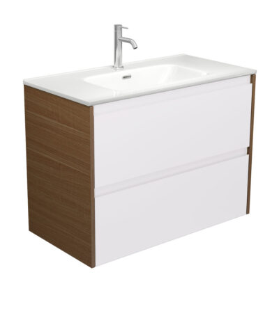 Joli Amato 900 Satin White Wall Hung Vanity, Walnut Panels