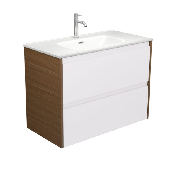 Joli Amato 900 Satin White Wall Hung Vanity, Walnut Panels