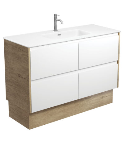 Joli Matte Amato Satin White 1200 Vanity On Kickboard with Scandi Oak Panels