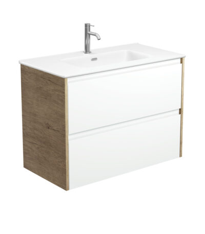 Joli Matte Amato Satin White 900 Wall Hung Vanity with Scandi Oak Panels