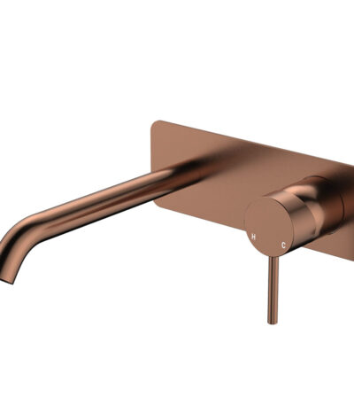 Kaya Basin/Bath Wall Mixer Set, Rectangular Plate, 200mm Outlet, Brushed Copper