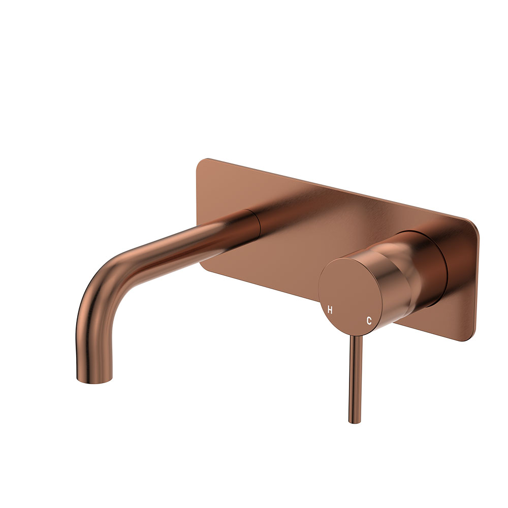 Kaya Basin/Bath Wall Mixer Set, Rectangular Plates, 130mm Outlet, Brushed Copper