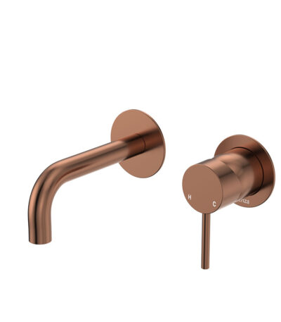 Kaya Basin/Bath Wall Mixer Set, Round Plates, 130mm Outlet, Brushed Copper