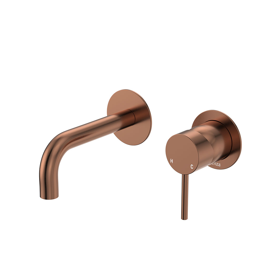 Kaya Basin/Bath Wall Mixer Set, Round Plates, 130mm Outlet, Brushed Copper