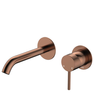 Kaya Basin/Bath Wall Mixer Set, Round Plates, 160mm Outlet, Brushed Copper