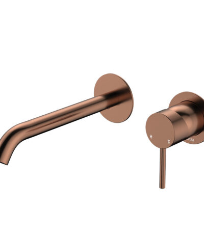 Kaya Basin/Bath Wall Mixer Set, Round Plates, 200mm Outlet, Brushed Copper