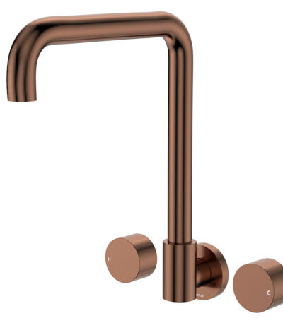 Kaya Squareline Wall Set, Round Taps, Brushed Copper