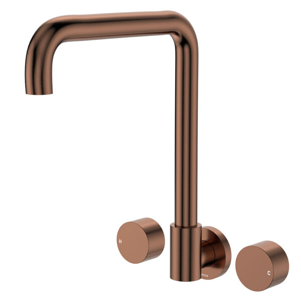 Kaya Squareline Wall Set, Round Taps, Brushed Copper