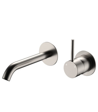 Kaya Up Basin/Bath Wall Mixer Set, Round Plates, 160mm Outlet, Brushed Nickel