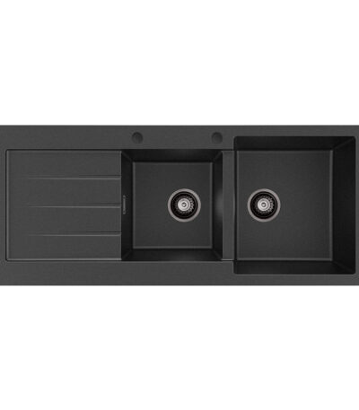 Kuro Granite 2L/22L Double Kitchen Sink with Drainer, Right Bowl, 2 Tap Holes, Matte Black