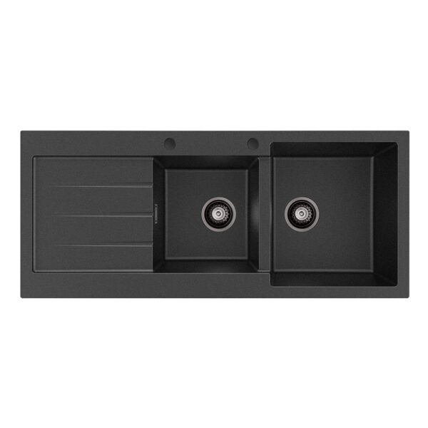 Kuro Granite 2L/22L Double Kitchen Sink with Drainer, Right Bowl, 2 Tap Holes, Matte Black