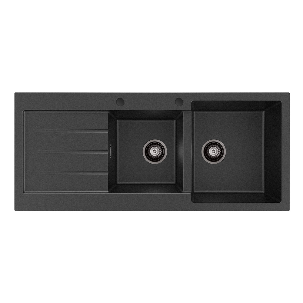 Kuro Granite 2L/22L Double Kitchen Sink with Drainer, Right Bowl, 2 Tap Holes, Matte Black