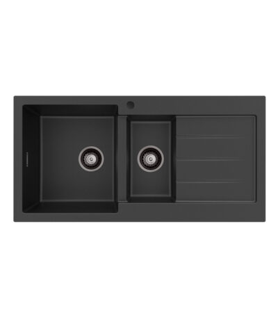 Kuro Granite 32L/14L Double Kitchen Sink with Drainer, Left Bowl, 1 Tap Hole, Matte Black