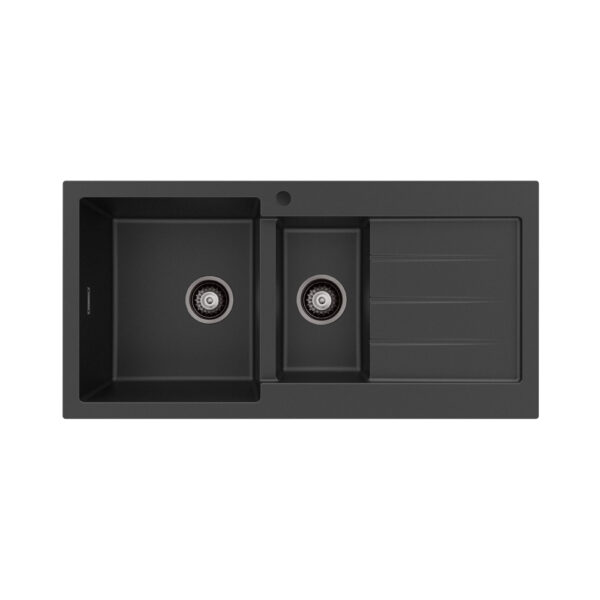 Kuro Granite 32L/14L Double Kitchen Sink with Drainer, Left Bowl, 1 Tap Hole, Matte Black