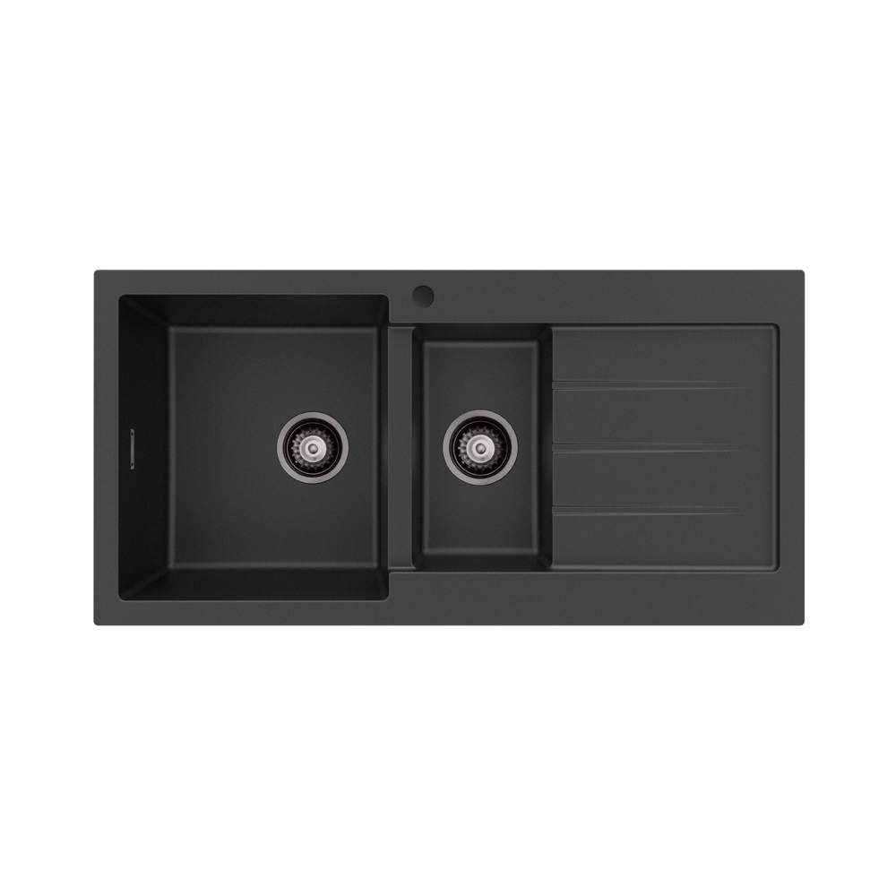 Kuro Granite 32L/14L Double Kitchen Sink with Drainer, Left Bowl, 1 Tap Hole, Matte Black