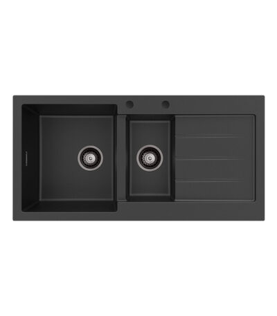 Kuro Granite 32L/14L Double Kitchen Sink with Drainer, Left Bowl, 2 Tap Holes, Matte Black