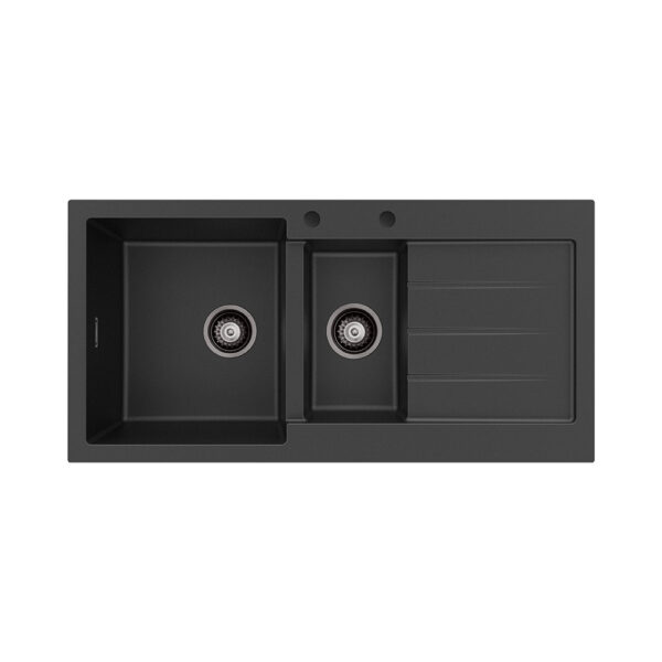 Kuro Granite 32L/14L Double Kitchen Sink with Drainer, Left Bowl, 2 Tap Holes, Matte Black