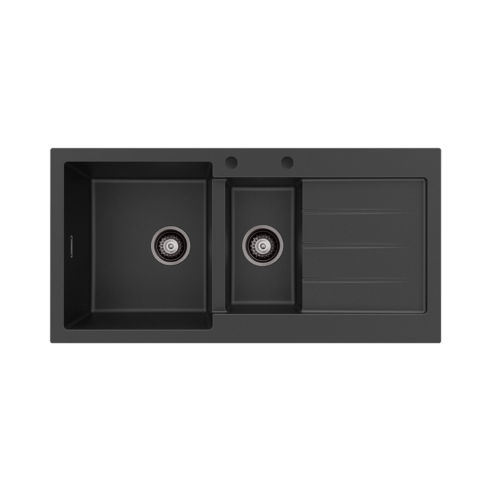 Kuro Granite 32L/14L Double Kitchen Sink with Drainer, Left Bowl, 2 Tap Holes, Matte Black