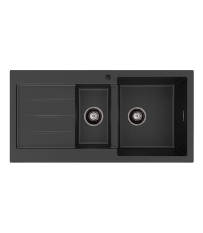 Kuro Granite 32L/14L Double Kitchen Sink with Drainer, Right Bowl, 1 Tap Hole, Matte Black