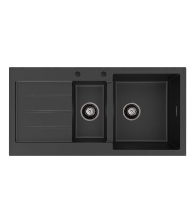 Kuro Granite 32L/14L Double Kitchen Sink with Drainer, Right Bowl, 2 Tap Holes, Matte Black