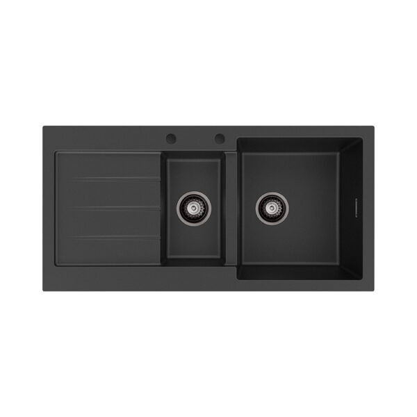 Kuro Granite 32L/14L Double Kitchen Sink with Drainer, Right Bowl, 2 Tap Holes, Matte Black