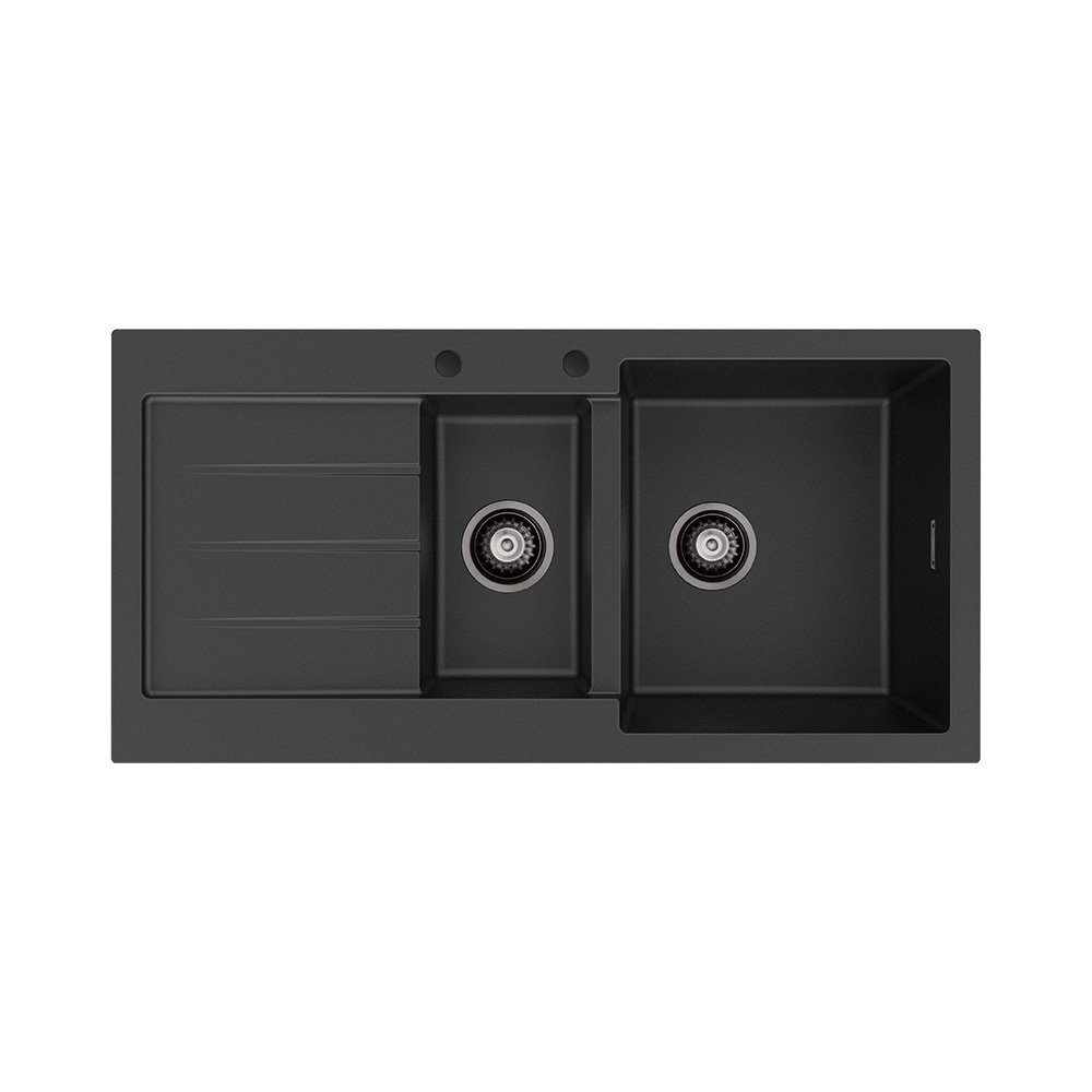 Kuro Granite 32L/14L Double Kitchen Sink with Drainer, Right Bowl, 2 Tap Holes, Matte Black