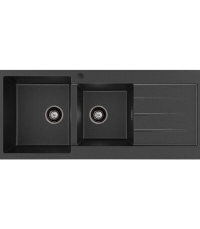Kuro Granite 32L/22L Double Kitchen Sink with Drainer, Left Bowl, 1 Tap Hole, Matte Black