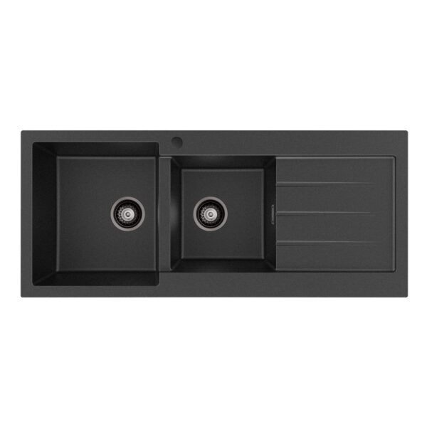 Kuro Granite 32L/22L Double Kitchen Sink with Drainer, Left Bowl, 1 Tap Hole, Matte Black