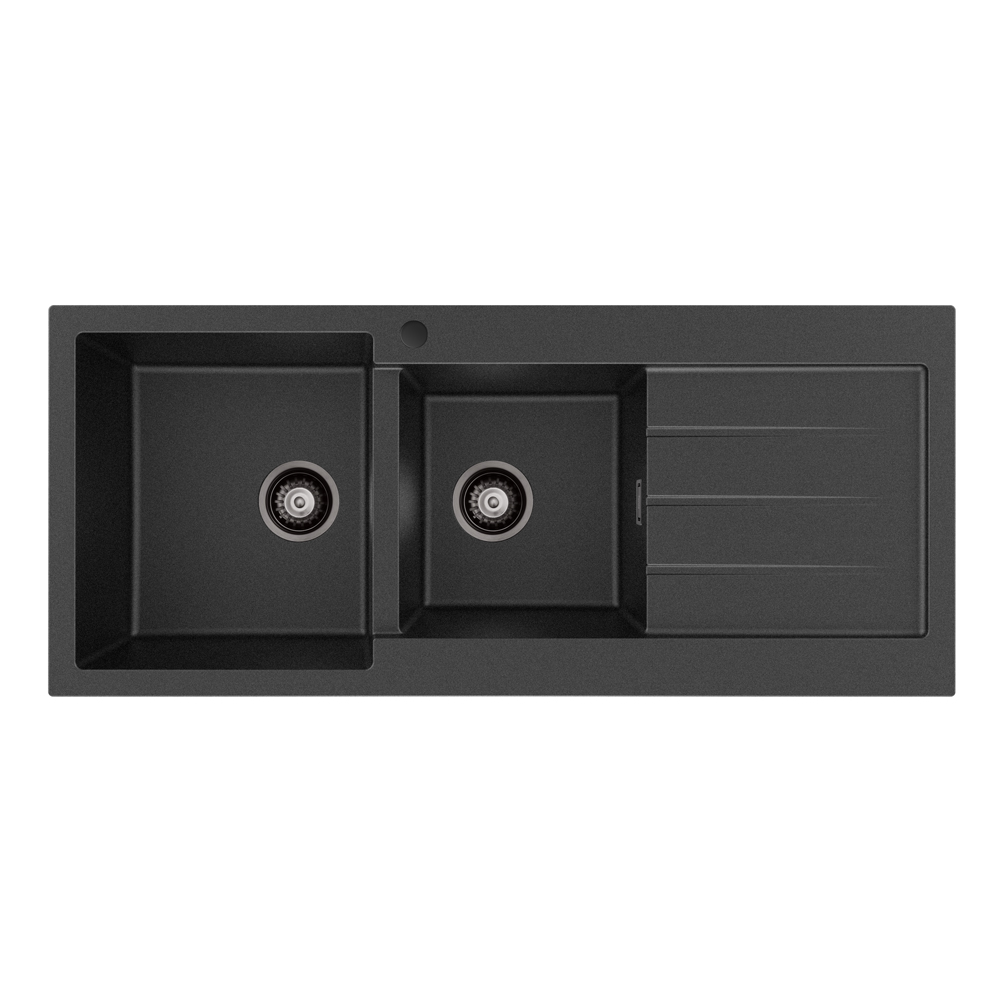 Kuro Granite 32L/22L Double Kitchen Sink with Drainer, Left Bowl, 1 Tap Hole, Matte Black