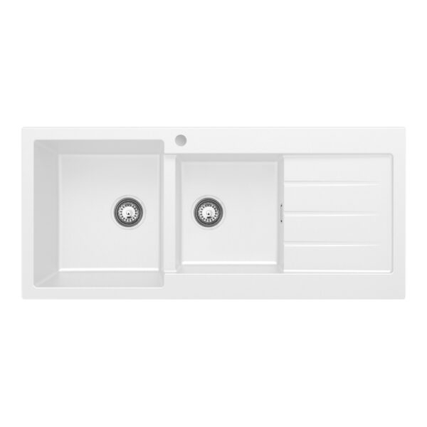 Kuro Granite 32L/22L Double Kitchen Sink with Drainer, Left Bowl, 1 Tap Hole, Matte White