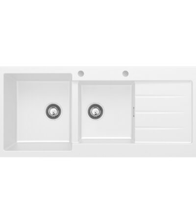Kuro Granite 32L/22L Double Kitchen Sink with Drainer, Left Bowl, 2 Tap Holes, Matte White